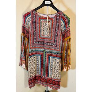 Uncle Frank Boho Southwest Geometric Fringed Sleeve Shift Dress - XS